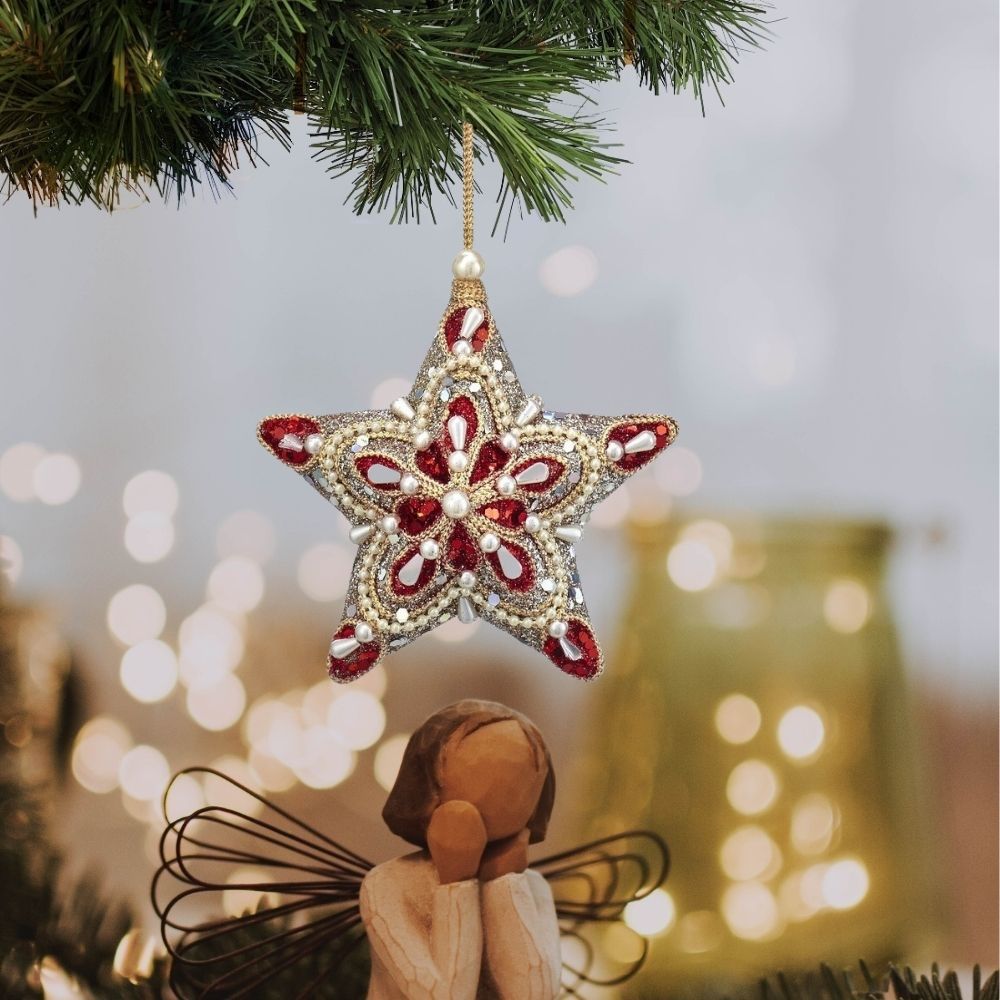 Kurt S Adler Ruby Platinum Christmas Star Hanging Ornament - Gold  Ruby and platinum hanging star ornaments from Kurt Adler are the perfect addition to your holiday décor or Christmas tree. The star shaped ornaments feature an intricate design created with pearls, beads, glitter and mica.