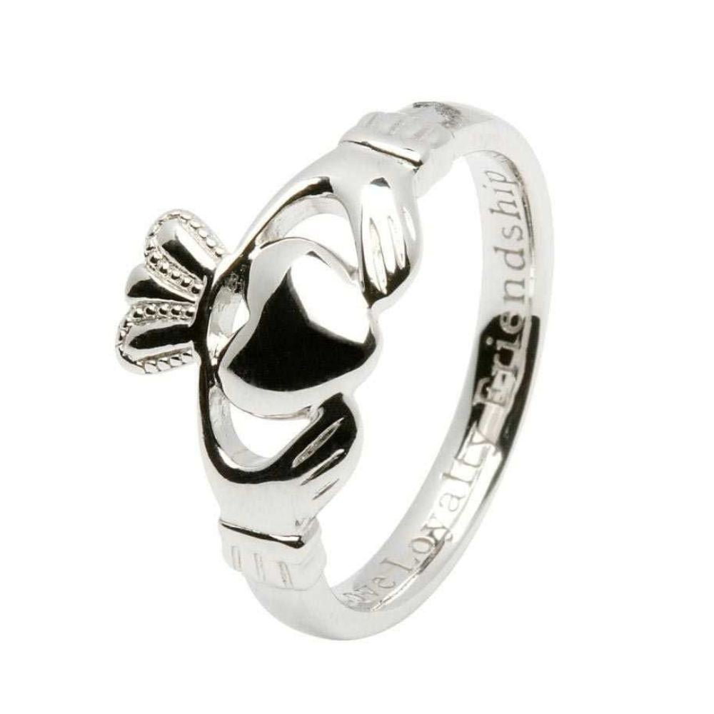 This gorgeous Claddagh ring is made especially for women. The comfort fit of this sterling silver ring will bring a smile to any lover of Celtic art. With the inscription of the Claddagh message, 'love loyalty friendship' this piece will remind the wearer of the importance of each facet in day to day life. The elegant silver hands hold the heart tenderly, but with strength, balancing the crowning loyalty of the trinity.
