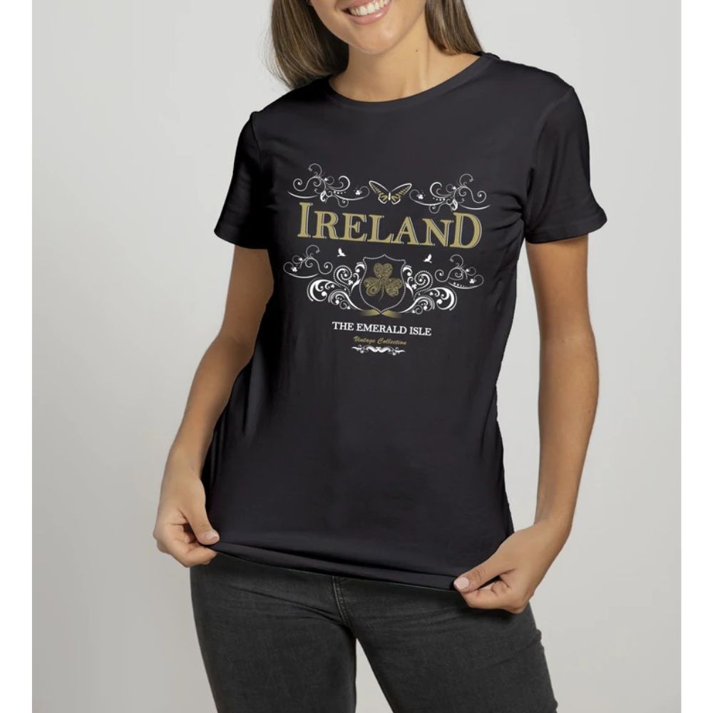 Cara Craft Ladies Ireland Ornate Butterfly T-Shirt Black  - 100% cotton* - Ash 99% cotton,1% polyester - Heather Grey 97% cotton, 3% polyester - Crew Neck - Designed And Printed in Ireland By Cara craft - Machine Washable