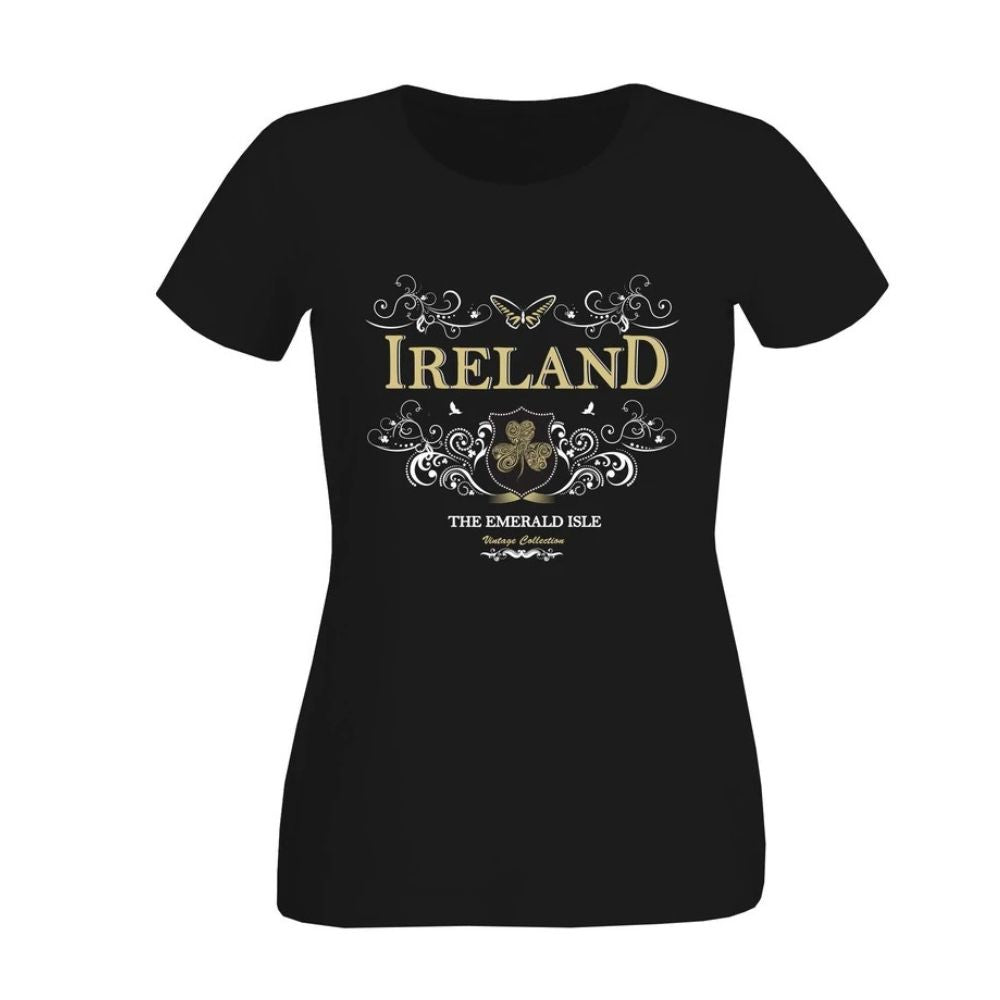 Cara Craft Ladies Ireland Ornate Butterfly T-Shirt Black  - 100% cotton* - Ash 99% cotton,1% polyester - Heather Grey 97% cotton, 3% polyester - Crew Neck - Designed And Printed in Ireland By Cara craft - Machine Washable