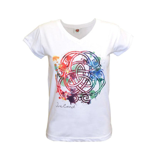 Ladies White Coloured Celtic Knot V-Neck T-Shirt  white ladies V-neck cotton T-shirt is a part of the Traditional Craft Official Collection. The printed multi colour 'water colour' effect Celtic knot give this fitted style T-shirt a unique feel.  100% Cotton