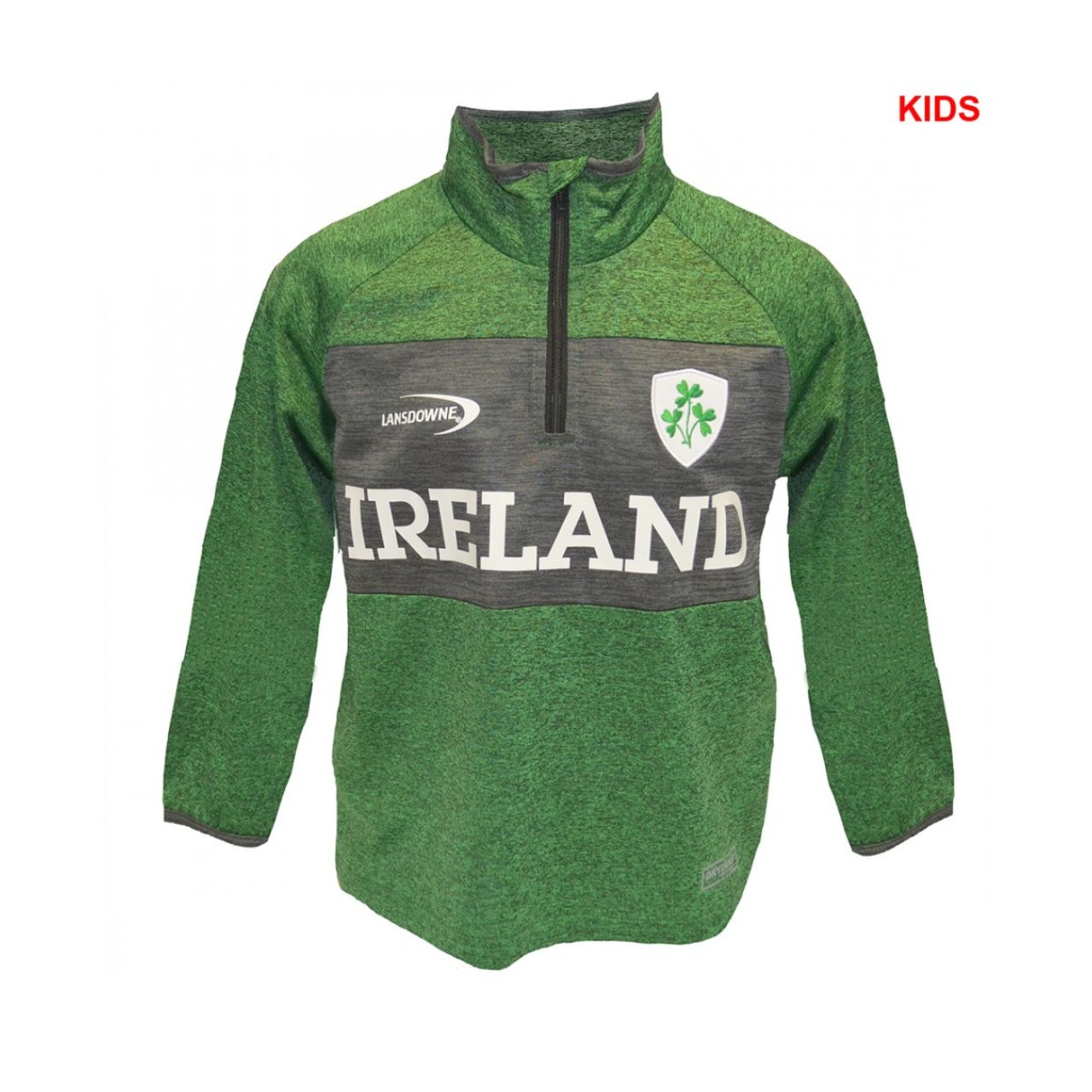 Lansdowne Green Grindle Kids 1/4 Zip Performance Top  Lansdowne Sports Official Collection Green Grindle Kids 1/4 Zip Performance Top  This kids 1/4 zip performance top is part of the Lansdowne Sports Official Collection. Designed in a green and grey grindle dry fit performance material this top is ideal for sports. It stabilizes core temperature and helps draw moisture away from skin so will aid peak performance.  Embroidered badge as well as a large printed Ireland logo.