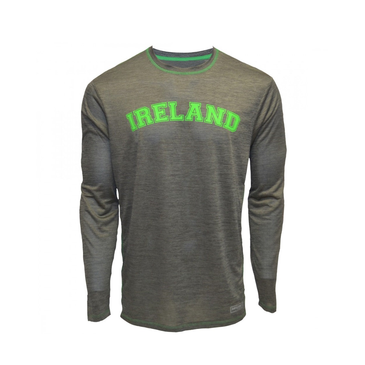 Lansdowne Grey Ireland Long Sleeve Performance Top  Grey performance long sleeve shirt features vivid green stitching with matching text "Ireland" across the chest.  Part of the Lansdowne Collection.  Fabric: Drylan's Performance Dry Fit Performance  Stabilizes core temperature, draws moisture away from the skin, enhances breathability and comfort, improves hydration and circulation, and aids peak performance.