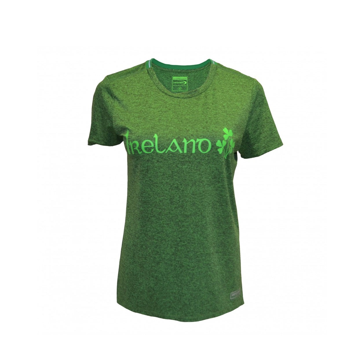 Lansdowne Ireland Women's Performance T-Shirt Grindle Green  Women’s t-shirt crafted from a performance fabric that’s designed to regulate body temperature, keeping you cool and dry. The dry fit performance material helps draw moisture away from the skin and enhances breathability and comfort Classic crew neck tee with Ireland Shamrock print design.  - 90% polyester 10% elastane - Short sleeves - Round neck - Relaxed fit