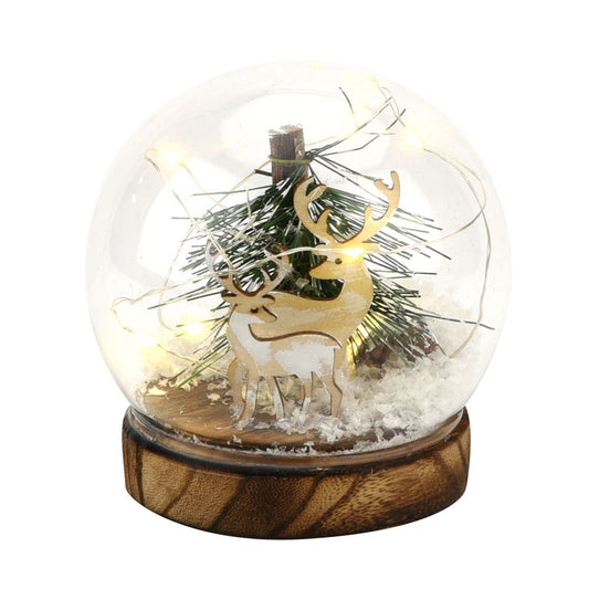 LED Glass Ball with Reindeer and Forest Scene 14 cm  Imagine a walk through a dense dewy fir forest on a crisp winter morning. The Enchanted Forest Christmas collection is made up of felt, burlap & pine materials on a range of simple earthy decorations, gifts and home accessories with beautiful leafy patterns and gold embellishment.