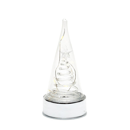 LED Light Up Silver Glass Christmas Tree 18 cm  Create a spectacular dreamland in your home with Christmas in New York. Be transported to the wondrous big city with sparkling lights, mirrored features and shadowy undertones. Make some noise and spread the excitement with silver and glass statement pieces.