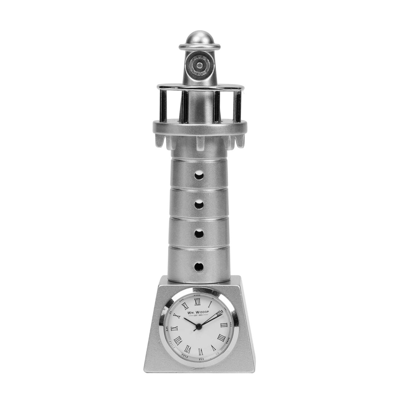 Miniature Lighthouse Clock  An intricately die-cast satin silver metal miniature lighthouse clock. From WILLIAM WIDDOP - over 130 years of unrivalled innovation and unbeatable quality in British timekeeping.