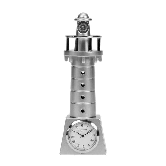 Miniature Lighthouse Clock  An intricately die-cast satin silver metal miniature lighthouse clock. From WILLIAM WIDDOP - over 130 years of unrivalled innovation and unbeatable quality in British timekeeping.