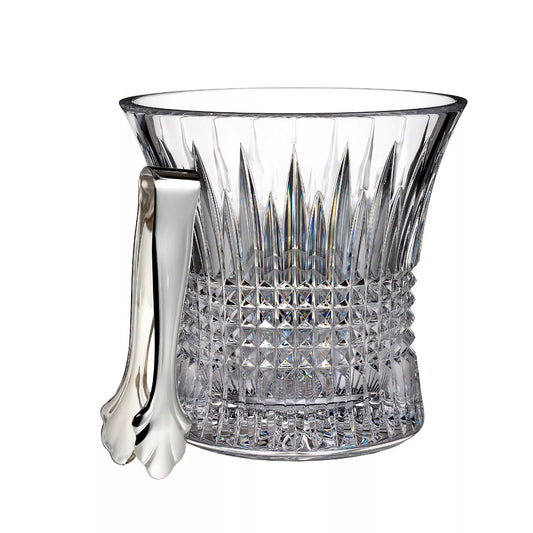 Lismore Diamond Ice Bucket With Tongs by Waterford  The Lismore Diamond pattern is a strikingly modern reinvention of the Waterford classic, characterized by intricate diamond cuts rendered in radiant fine crystal.
