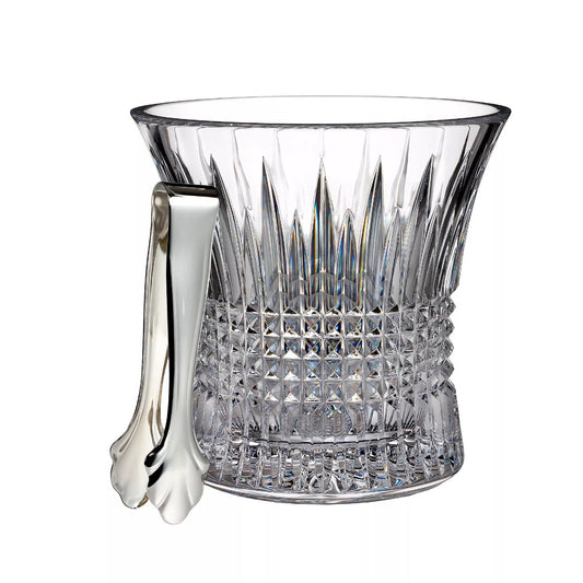 Lismore Diamond Ice Bucket With Tongs by Waterford  The Lismore Diamond pattern is a strikingly modern reinvention of the Waterford classic, characterized by intricate diamond cuts rendered in radiant fine crystal.