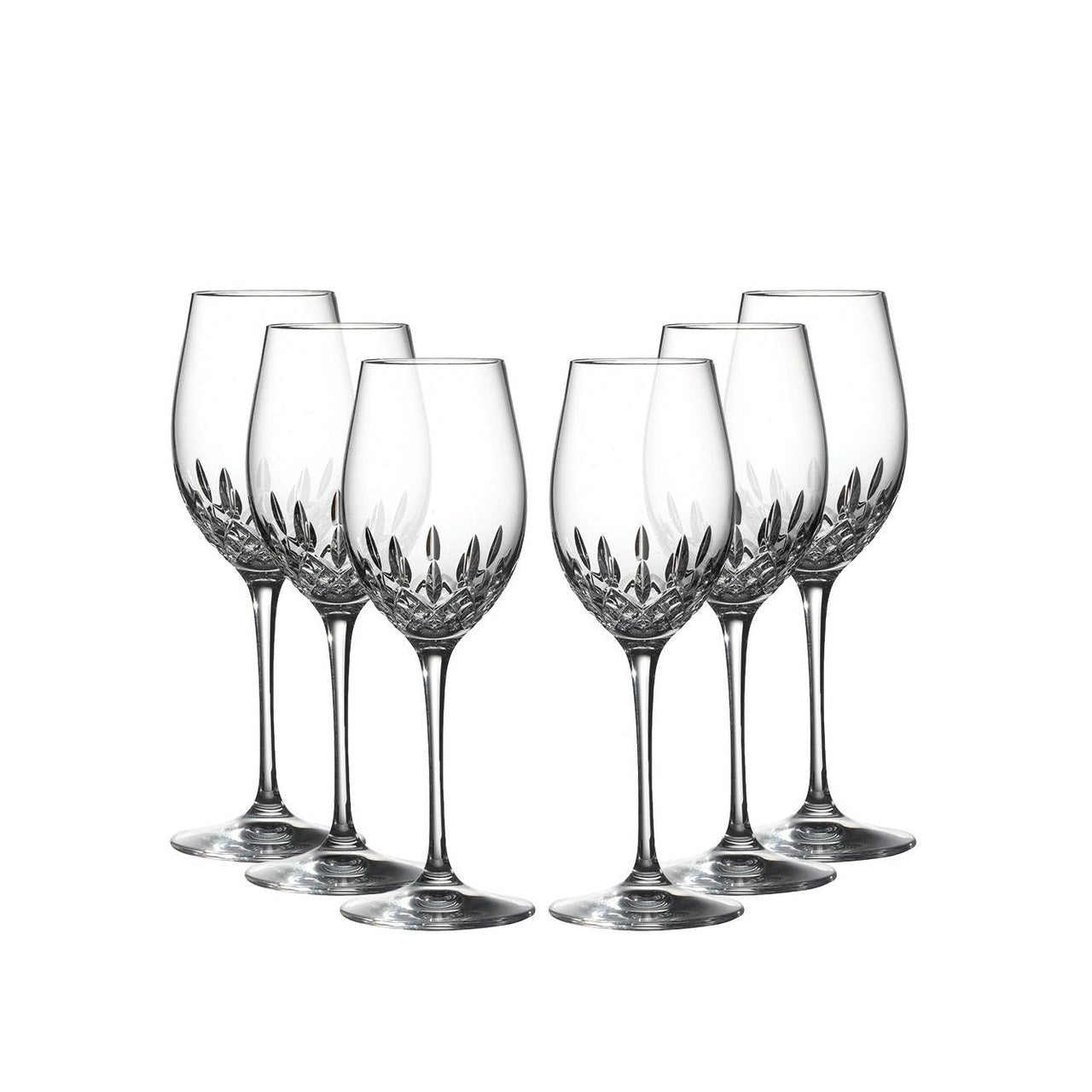 Waterford Crystal Lismore Essence White Wine Glass Set of 6  Waterford Lismore Essence is the next generation of the classic Lismore pattern, retaining the brilliance and clarity of Lismore, while incorporating a more slender, modern profile.