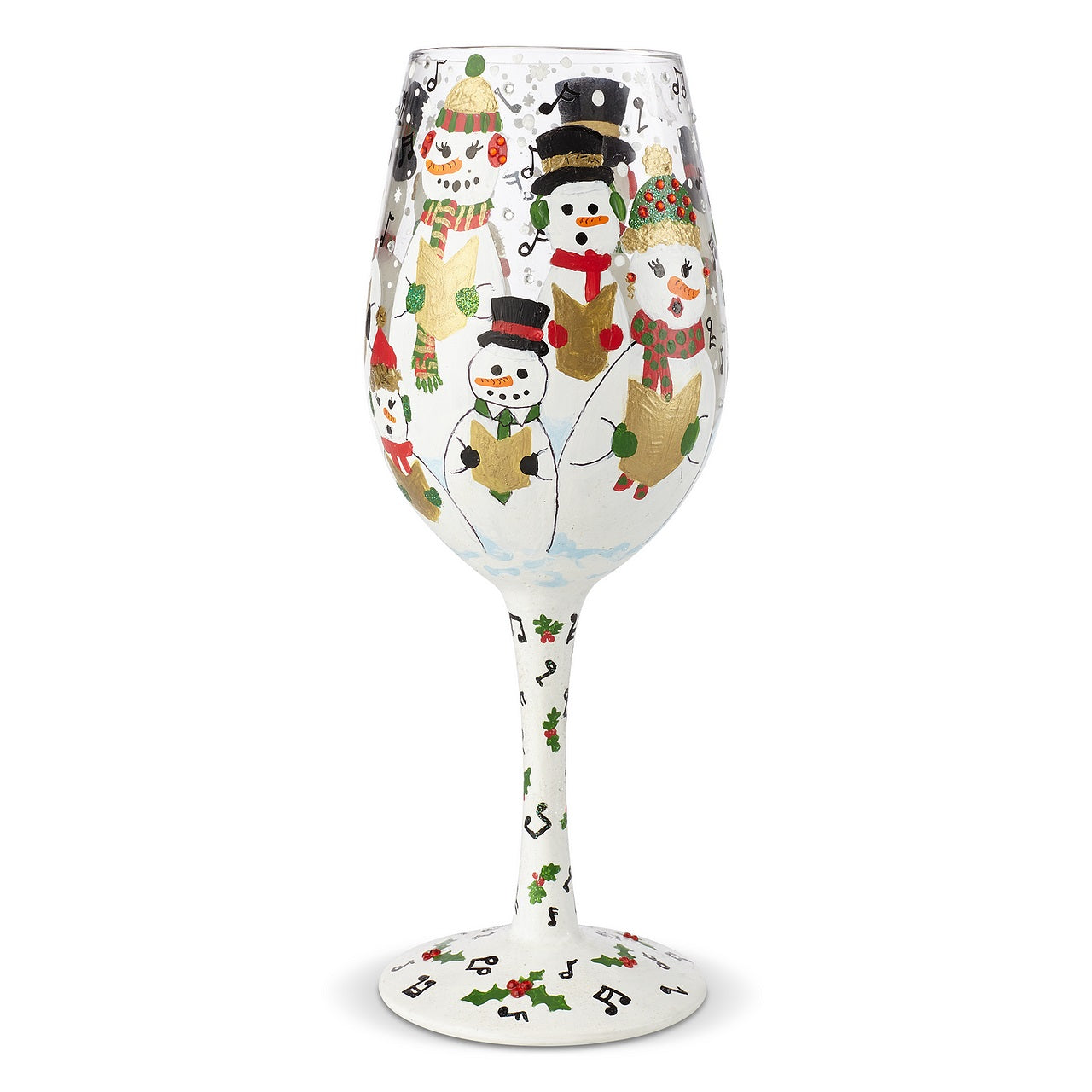 Lolita Singing in the Snow Wine Glass  Lolita glasses combine hand painted accents with sassy messages that help you celebrate any occasion in style. Arrives in a beautiful gift box with Lolita's signature painted under the base of the glass.