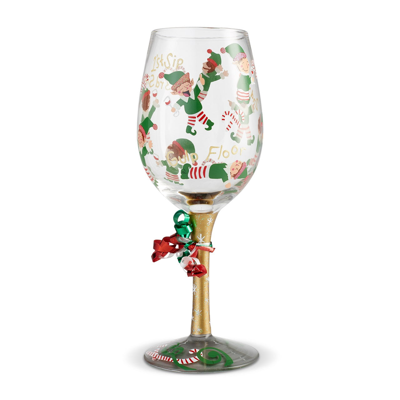 Tipsy Elf Wine Glass  Gleeful and gulping, the little elves decking this glass are sure to delight and intoxicate your holiday. Arrives in a beautiful gift box with signature recipe. Artisan blown glass. Hand wash only.