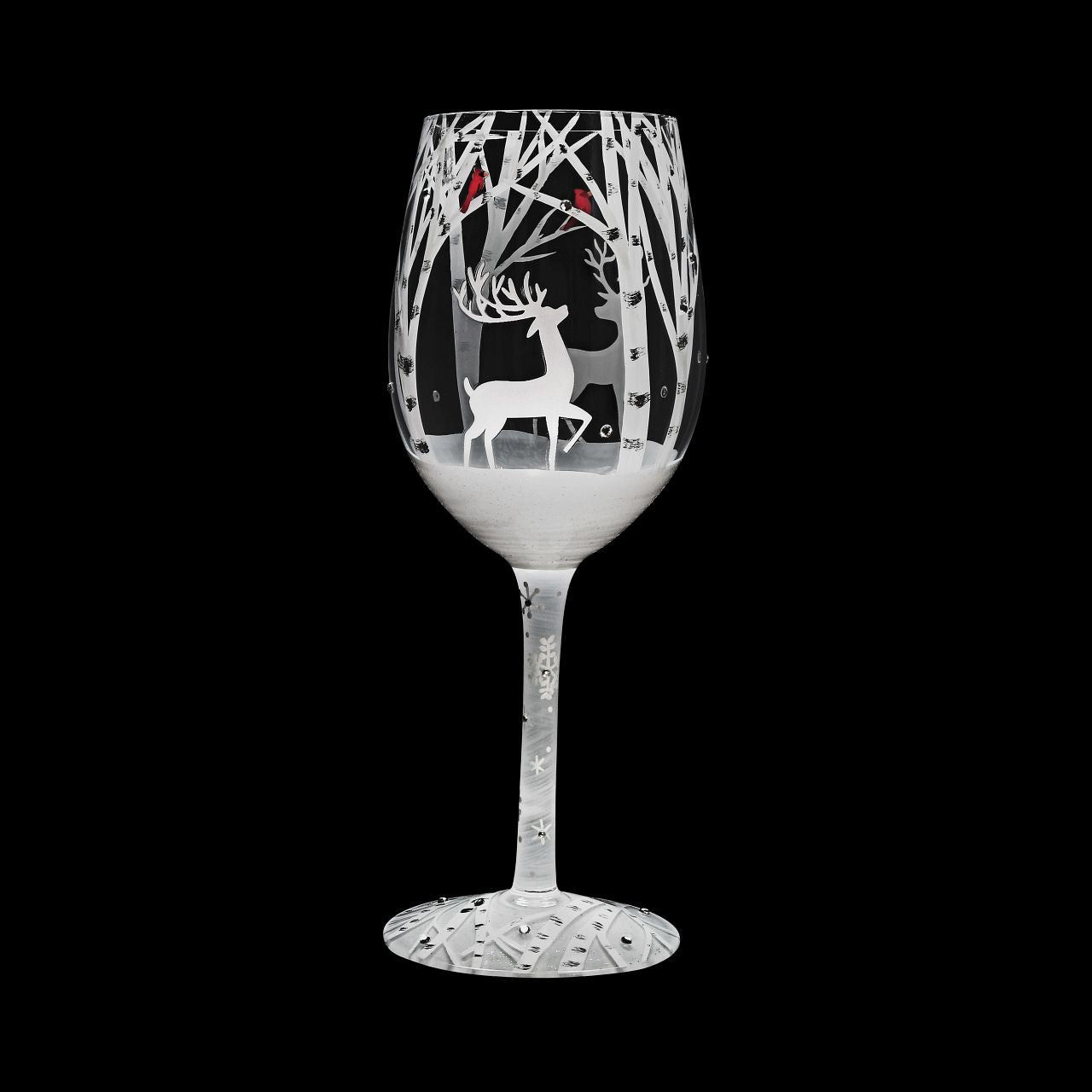 Winter Walk Wine Glass Christmas  Take a Winter Walk with your new favourite wine glass by Lolita. Showing a beautiful white Christmas scene with a bright red cardinal this will be a show stopper at your next Christmas dinner. Adorned with glitter, stones, reindeer and snow this is the perfect holiday glass.