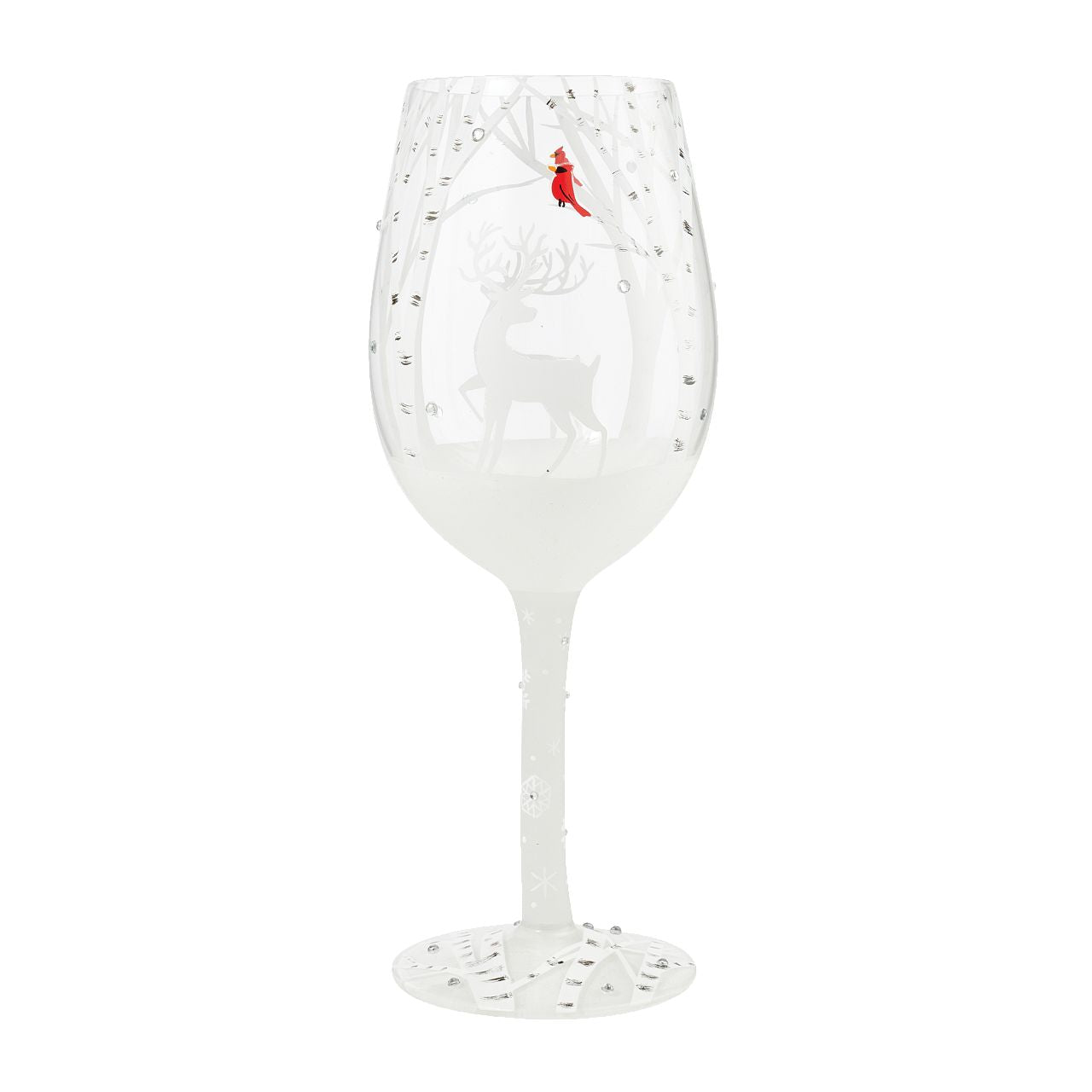 Winter Walk Wine Glass Christmas  Take a Winter Walk with your new favourite wine glass by Lolita. Showing a beautiful white Christmas scene with a bright red cardinal this will be a show stopper at your next Christmas dinner. Adorned with glitter, stones, reindeer and snow this is the perfect holiday glass.