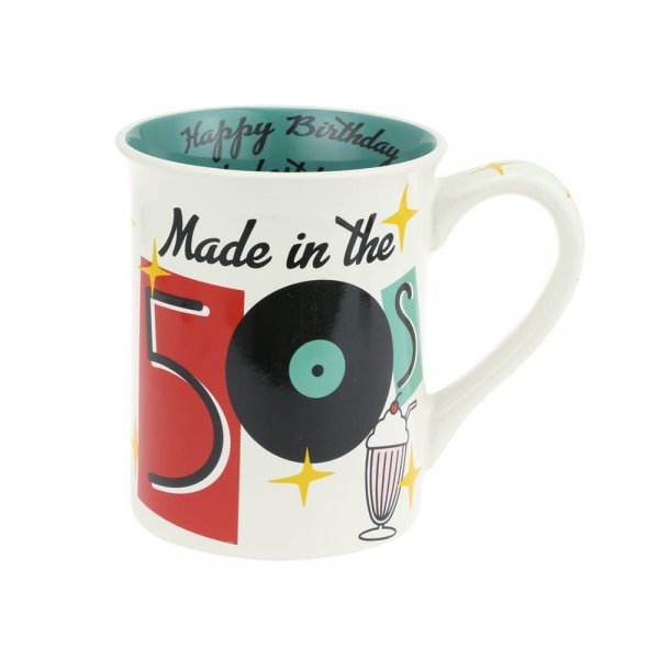 Made in the 50's Mug  Put your record on, grab a milkshake and add your new favourite mug that will take you right back to the 50's. The message on the back reads 'Nobody is perfect.. but if you were born in the 50's then you're pretty close.'
