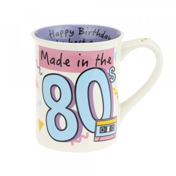 Made in the 80's Mug  Go back to the 80s in style with this retro mug. The message on the back reads 'Almost made you a mixtape but got you this instead.' With the inside message reading 'Happy birthday to the best person' Give that special person a throwback on their birthday to celebrate.