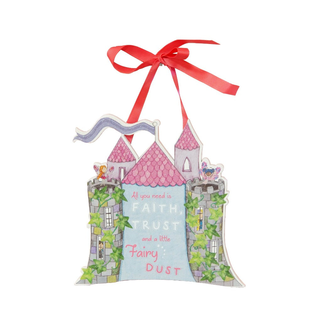 Magical Fairy Castle Hanging Plaque  Create a fairy kingdom at home with this beautiful cut out fairy castle hanging plaque. From the Magical Fairy collection by Just 4 Kids - some adults don't believe in fairies, but we know better, don't we...