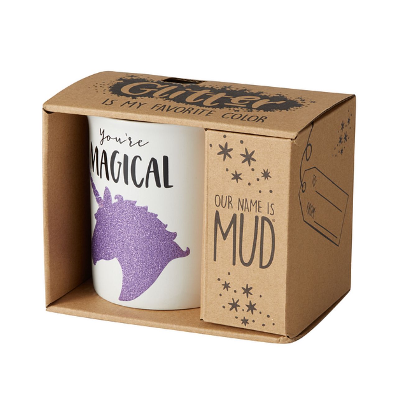 Magical Unicorn Glitter Mug  Always be yourself, unless you can be a unicorn. Then, be a unicorn. Unicorn lovers can show off just how magical they are with this whimsical, magical, mystical mug featuring a purple sparkling unicorn and pastel stars lining the inside rim. Messaging reads: "You're Magical," "Unicorns are awesome, I am awesome, therefore I am a unicorn".