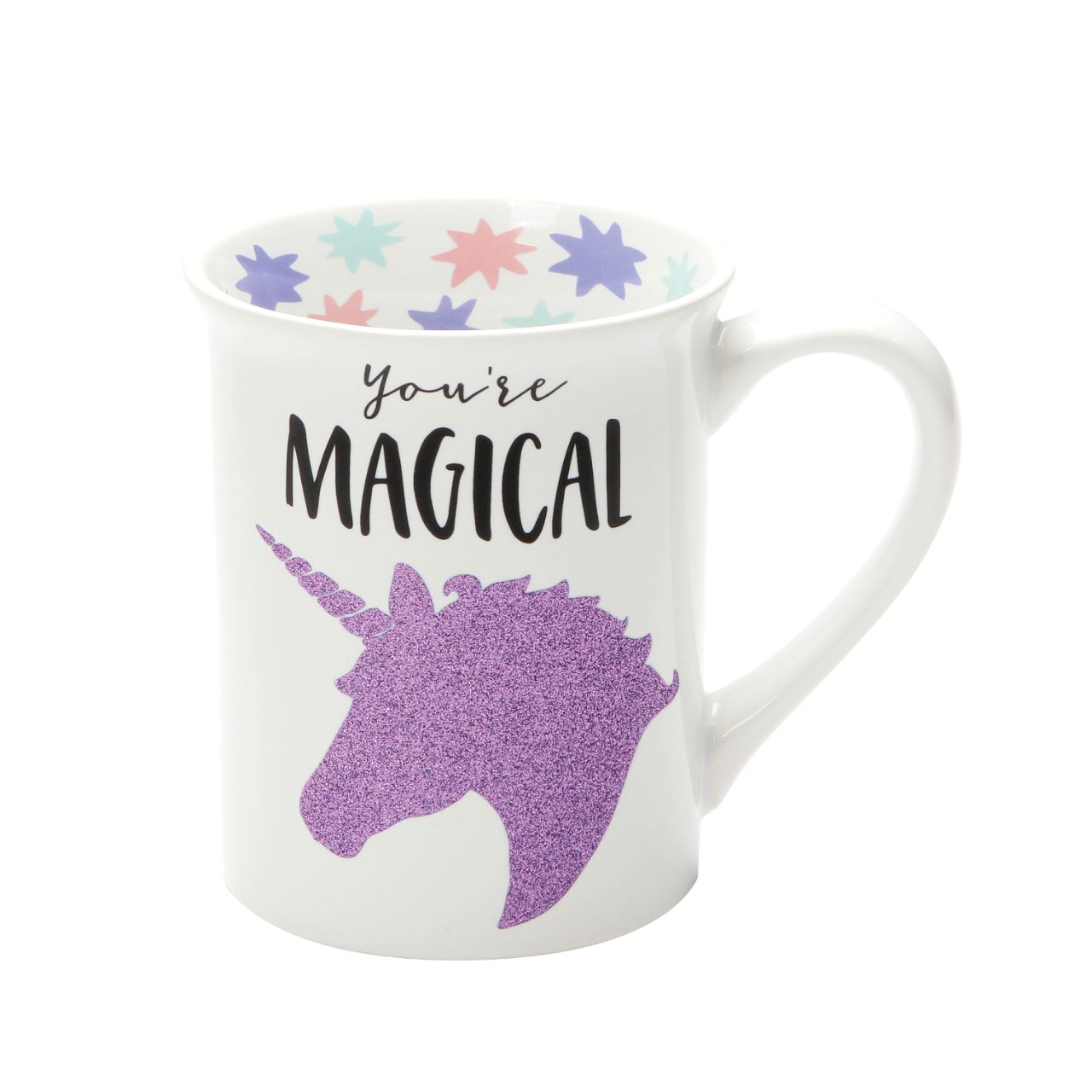 Magical Unicorn Glitter Mug  Always be yourself, unless you can be a unicorn. Then, be a unicorn. Unicorn lovers can show off just how magical they are with this whimsical, magical, mystical mug featuring a purple sparkling unicorn and pastel stars lining the inside rim. Messaging reads: "You're Magical," "Unicorns are awesome, I am awesome, therefore I am a unicorn".