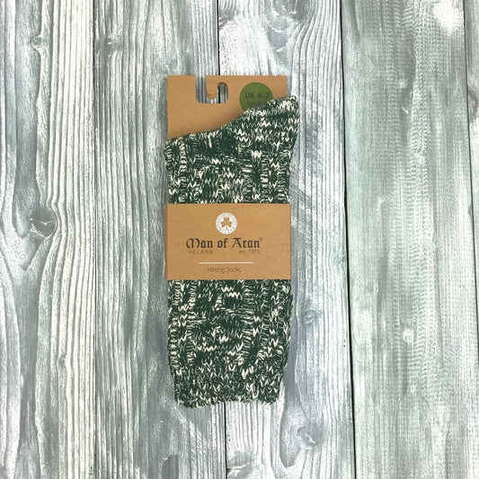 Man of Aran Hiking Socks Green - White   Size 4 - 7  Man of Aran range is inspired by the beauty of the rugged Irish Landscape. We have created this collection to present everything that it means to be Irish. Our designs have been inspired by Irish craft skills passed down through generations to create.