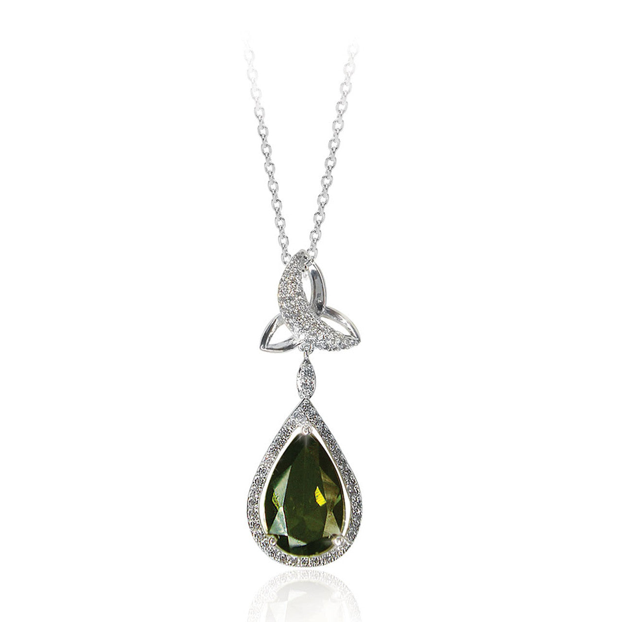 Tipperary Crystal Maureen O'Hara Silver Trinity Knot Necklace  This elegant trinity knot pendant will take your breath away. Fashioned in silver it features a clear crystal lined trinity knot symbol from which the exquisite emerald green pear-shaped drop suspends. A halo of shimmering clear crystal accents completely surround the centre stone adding even more dazzle.