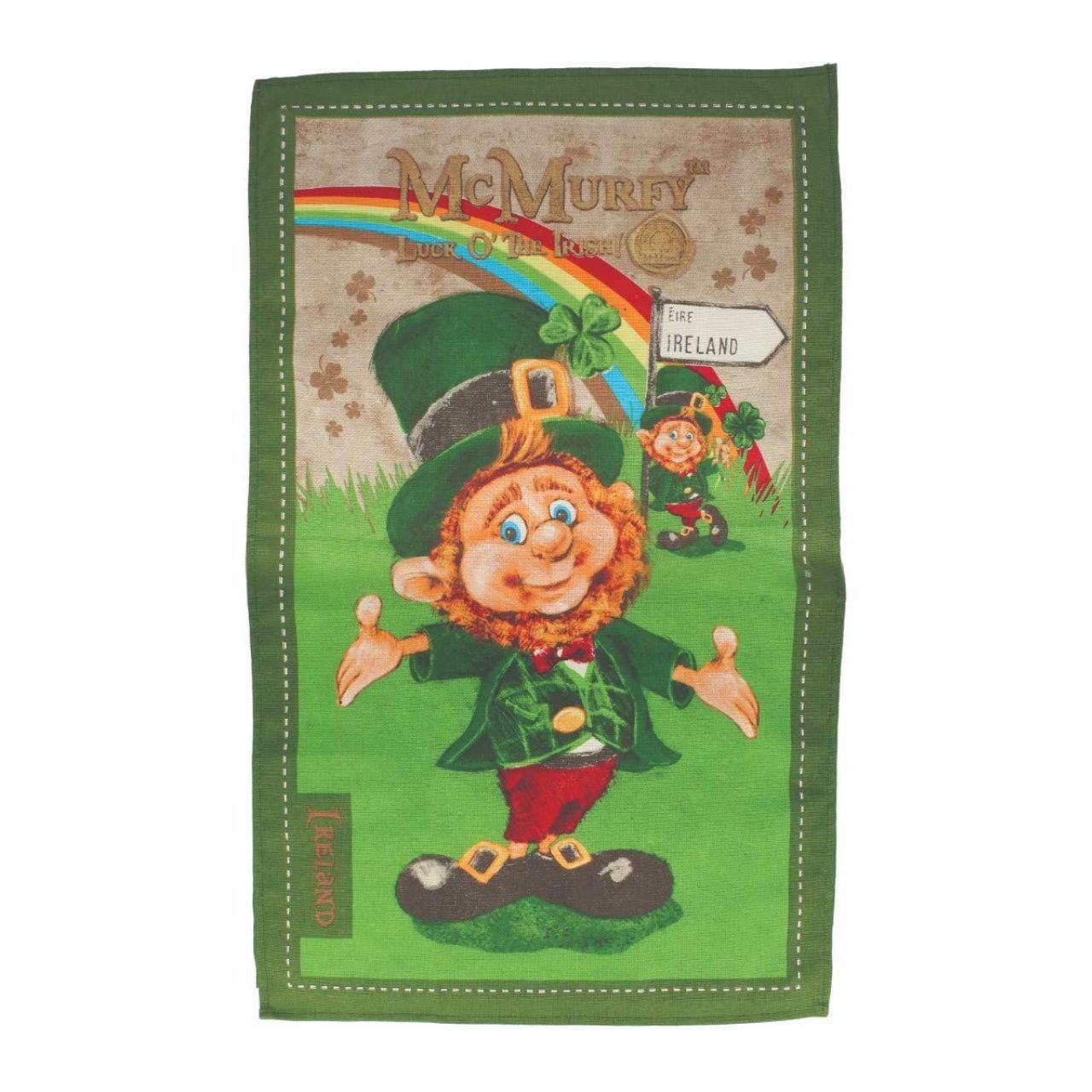 McMurfy Luck Of The Irish Tea Towel  Large leprechaun, rainbow and additional leprechaun in the background  Dims: 18.5 x 15.2 x 1.6 cm