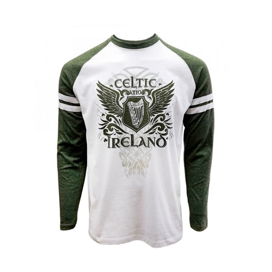 Traditional Craft Celtic Long Sleeved T-Shirt Moss Green  The Men's Celtic Wings Long Sleeve Top Moss Green boasts a dramatic celtic wing design across the front.