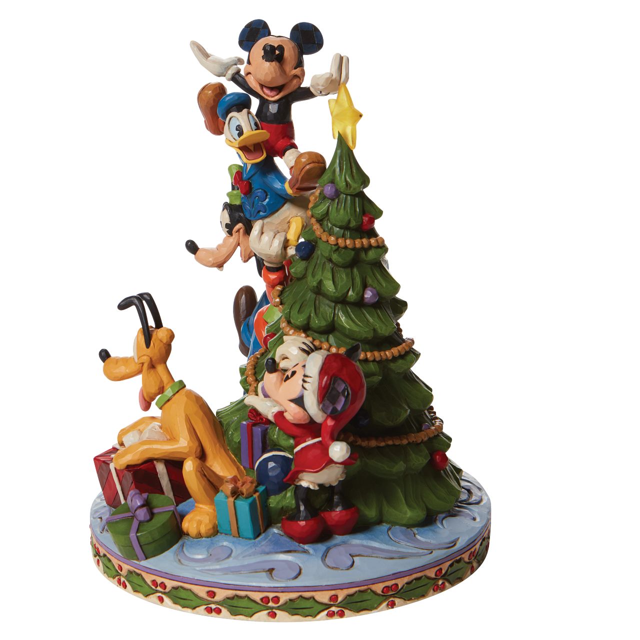 Jim Shore Merry Tree Trimming - Fab 5 Decorating Tree with illuminated  Mickey Mouse gets a hand and a boost decorating the tree this year. His friends form a teetering tower to hoist him to the top of the Mouse family tree while Minnie adds the finishing touches below in this Disney by Jim Shore design. 