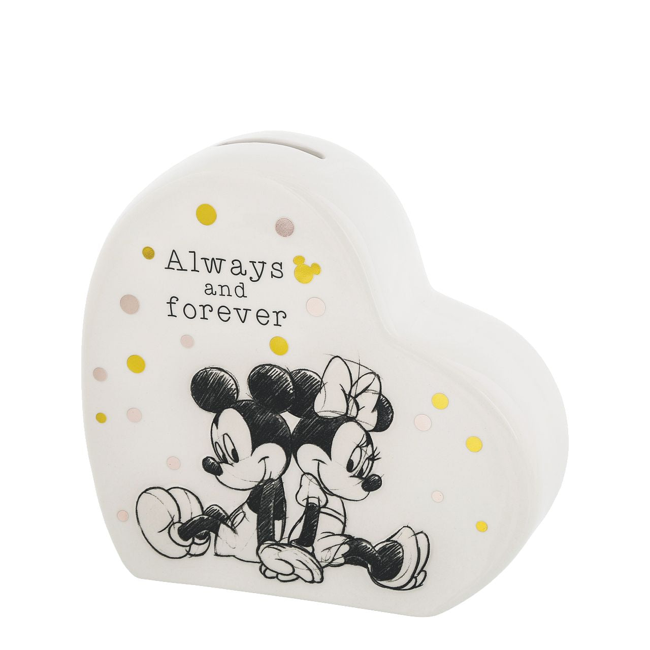 Disney Mickey and Minnie Mouse Money Bank  Save up those pennies for any special occasion with the perfect pair, Mickey and Minnie Mouse. Only available from the Enchanting Disney Collection and is a perfect gift for any occasion or as a treat for yourself. Featured here, is a beautiful ceramic money bank.