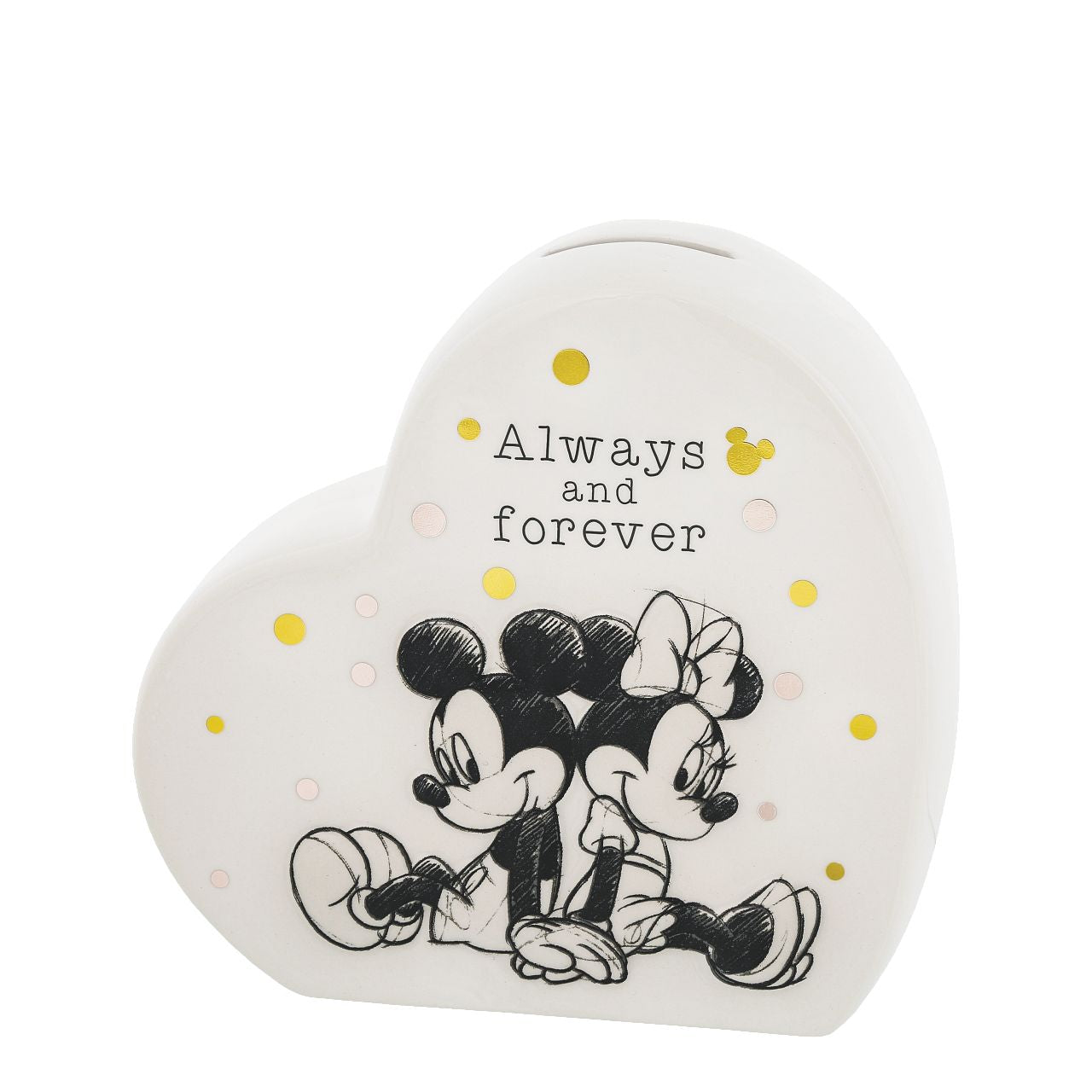 Disney Mickey and Minnie Mouse Money Bank  Save up those pennies for any special occasion with the perfect pair, Mickey and Minnie Mouse. Only available from the Enchanting Disney Collection and is a perfect gift for any occasion or as a treat for yourself. Featured here, is a beautiful ceramic money bank.