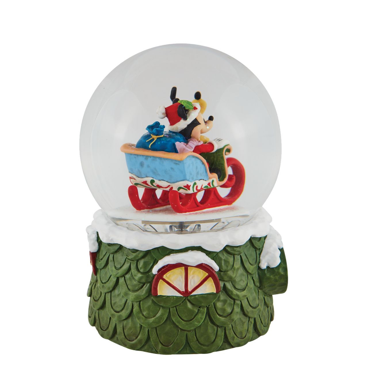 Disney Mickey and Pluto Christmas Waterball  "Laughing All the Way" Make it snow all season long with this exquisitely crafted Disney snow globe by Jim Shore. Mickey plays Santa with his trusty steed, Pluto, riding shotgun.