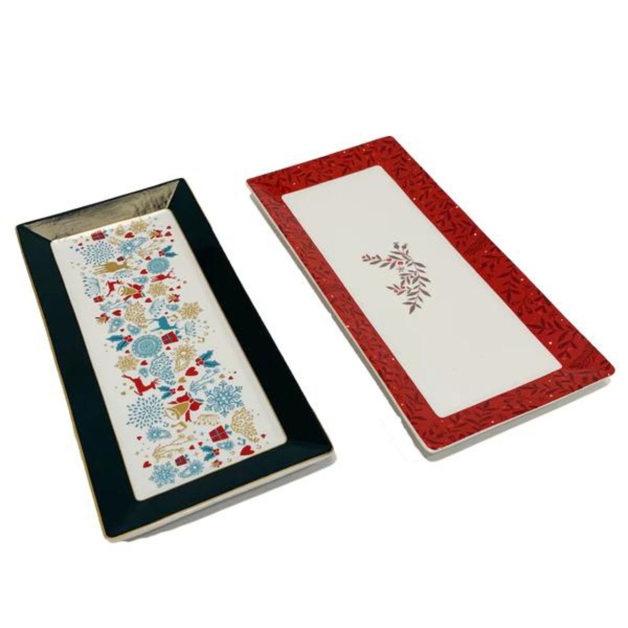 A Christmas Wish Platter Set of 2 by Mindy Brownes Interiors  Introducing our set of two Christmas platters. Rectangular in design these plates have a playful pattern and curved rim for stylish serving of cakes, Ideal for the festive table. This set of two plates are finished in the traditional Christmas red & green colouring.