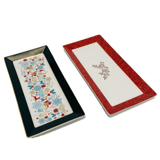 A Christmas Wish Platter Set of 2 by Mindy Brownes Interiors  Introducing our set of two Christmas platters. Rectangular in design these plates have a playful pattern and curved rim for stylish serving of cakes, Ideal for the festive table. This set of two plates are finished in the traditional Christmas red & green colouring.