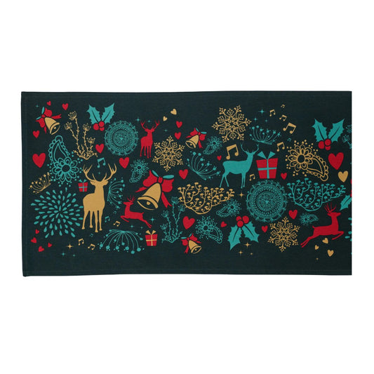 Christmas Wish Table Runner by Mindy Brownes Interiors  A beautiful table runner finished in forest green with a Christmas design that depicts some of Christmas' key elements, such as reindeer, presents, music notes, and more.  Ideal for any festive tablescape.