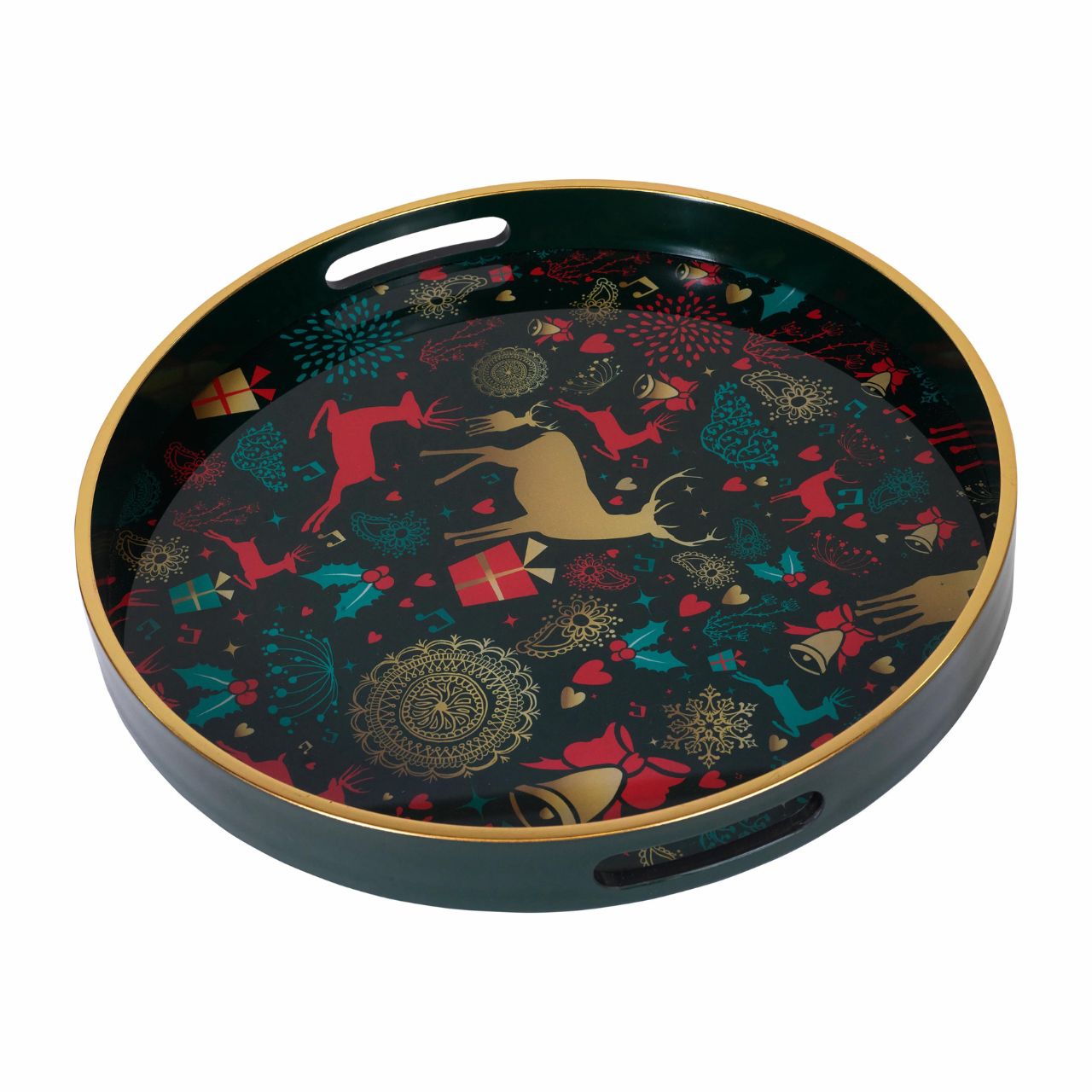 A Christmas Wish Tray by Mindy Brownes Interiors  A stunning circular tray, with a rich green surround, gold rim, and a Christmas design that features some of Christmas' key elements, such as reindeer, presents, music notes and more. An ideal styling accessory this Christmas season.