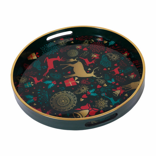 A Christmas Wish Tray by Mindy Brownes Interiors  A stunning circular tray, with a rich green surround, gold rim, and a Christmas design that features some of Christmas' key elements, such as reindeer, presents, music notes and more. An ideal styling accessory this Christmas season.