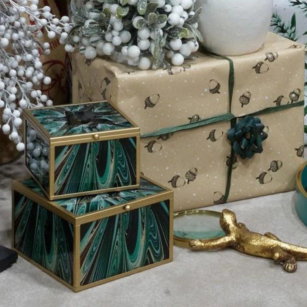 Mindy Brownes Accessory Box Set of 2 Green Envy  Swirls of gold, greens and amber finished with gold edging. The perfect styling accessory for any area in your home.