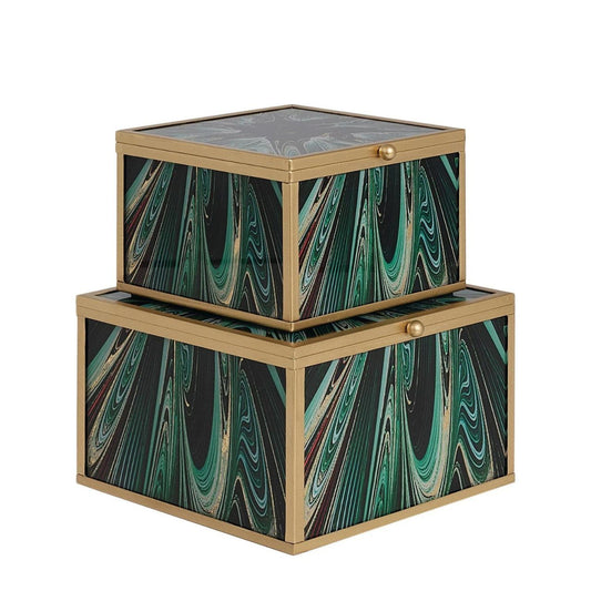 Mindy Brownes Accessory Box Set of 2 Green Envy  Swirls of gold, greens and amber finished with gold edging. The perfect styling accessory for any area in your home.