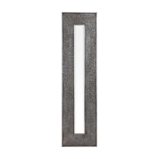 Bannon Mirror by Mindy Brownes - NEW  This rectangular mirror features a heavily textured surface finished in a metallic silver leaf with a heavy charcoal wash over a solid wood construction. This contemporary design boasts a great profile for showing individually or multiple for a bold statement. The mirror is bevelled and can hang vertically and horizontally.