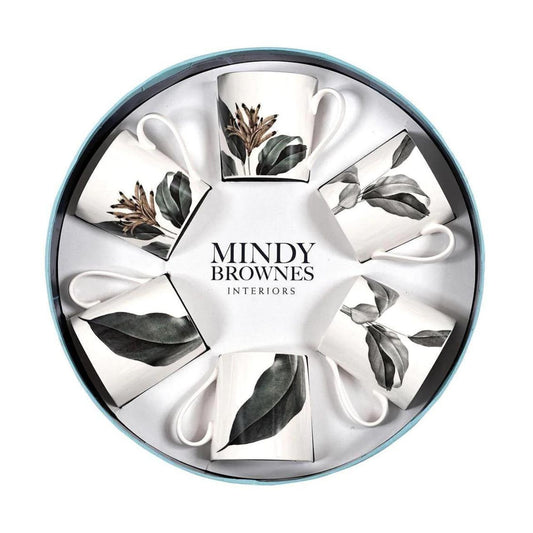 Mindy Brownes Birds Of Paradise Cups Set of 6  New bone china, dishwasher & microwave safe, birds of paradise inspired with classic shades of green, gold & grey.