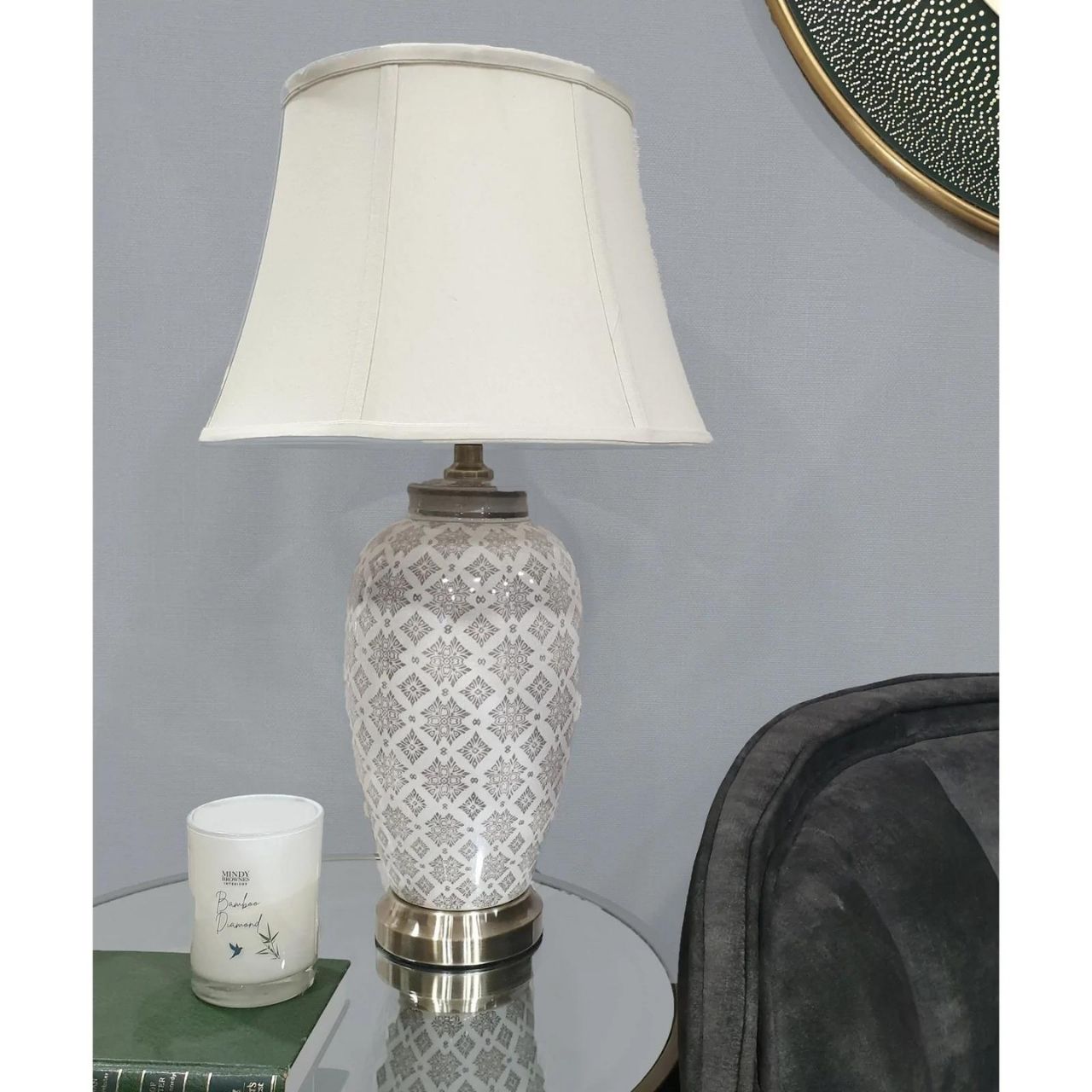 Mindy Brownes Interiors Dawn Lamp  - Mindy Brownes table lamp. - Grey pattern detail, ideal for neutral styling.