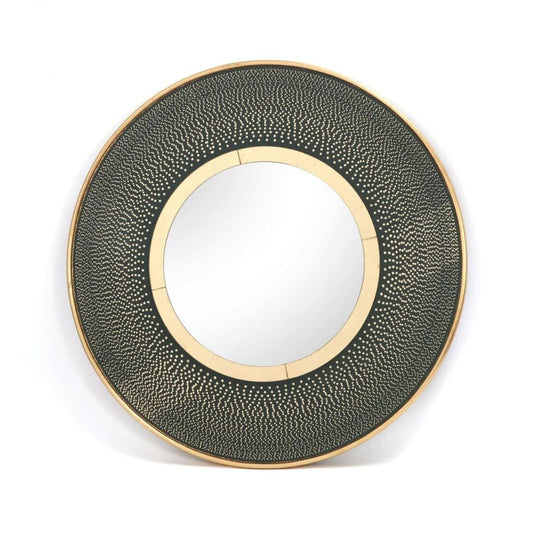 Elva Round Mirror by Mindy Brownes  Mindy Brownes Interiors Elva Round Mirror  - A true statement piece. - An art deco-inspired mirror. - Finished in forest green with vibrant gold trim and polka dot detailing. - Perfect for adding a pop of colour to your home. - Ideal for above your console, hall table, or sideboard.