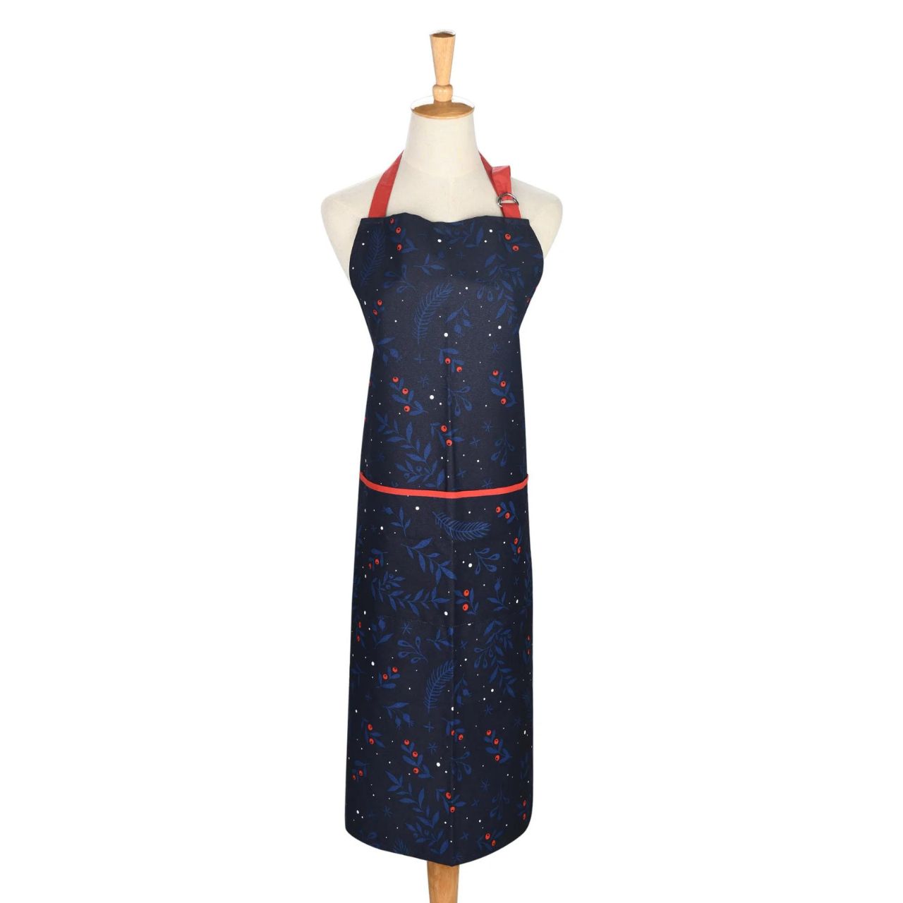 Christmas Festive Night Apron by Mindy Brownes Interiors  A stunning apron in deep blue finished with a Christmas floral design, with pops of red.  A stylish, yet practical way to avoid any outfit mishaps while baking and cooking this Christmas season.