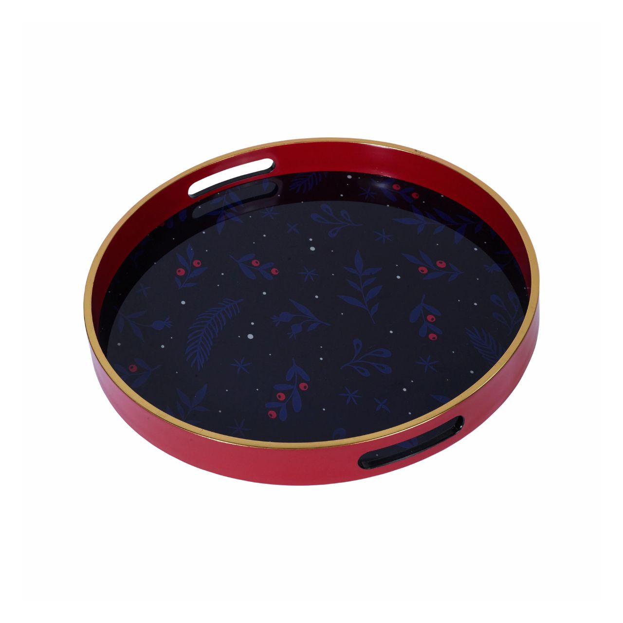 Festive Night Tray by Mindy Brownes A stunning circular tray, with a deep red surround, gold rim, and an evening Christmas floral design finished in deep lavender, with pops of red. An ideal styling accessory this Christmas season.