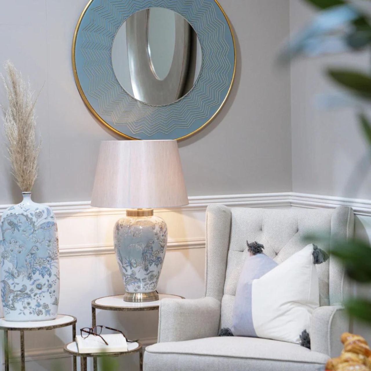 Liana Mirror by Mindy Brownes  - A trendy and fun way to add a pop of colour to your home. - Miami vibes, a stylish round mirror with a powder blue finish and gold geometric details. - The perfect choice for a bathroom, hallway, bedroom, living or dining room.