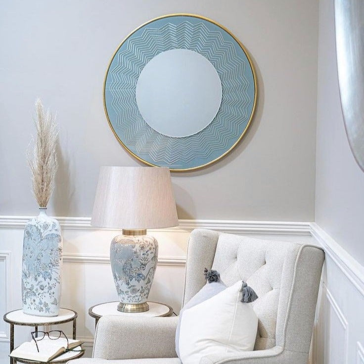 Mindy Brownes Liana Mirror  A powder blue mirror! Well that's trendy and fun to add to your home! Miami vibes, stylish round mirror with blue and gold geometric details. Stunning in a bathroom, children's bedroom or hallway for a pop of colour!