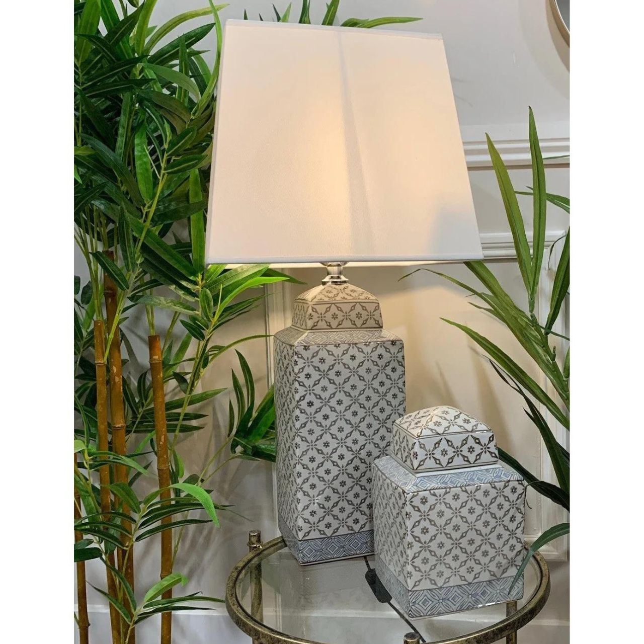 Lyon Lamp by Mindy Brownes  - A neutral grey colourway featuring geometric lines. - White square linen shade. - This lamp is stunning styled as a bedroom lamp or living room lamp.