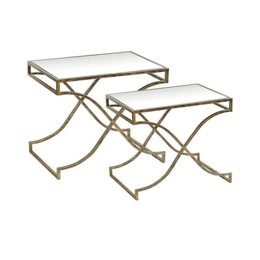 Mindy Brownes Madison Tables Set of 2  Art deco in style, two tiered tables suited to sit beside one another. Champagne gold colour in finish, mirrored top.
