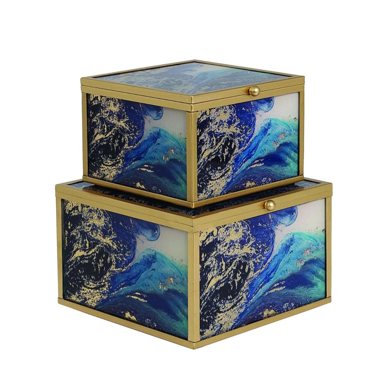 Mindy Brownes Marine Wonder Accessory Box Set/2  Marine Wonder Accessory Box Set/2  Swirls of gold, blues and greens, with gold edged detail. The perfect styling accessory for anywhere in your home.